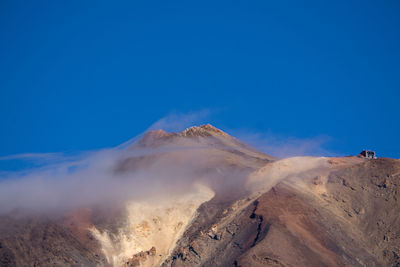 Panoramic view of volcanic landscape against clear blue sky
