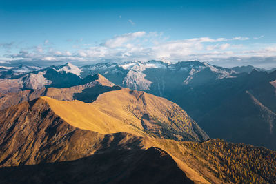 Aerial view of snowcapped mountains against sky