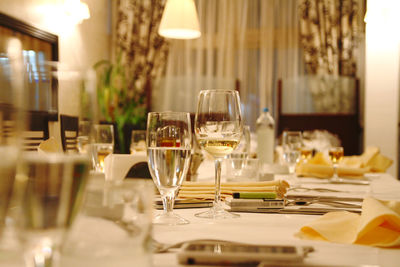 Wine glasses on table in restaurant