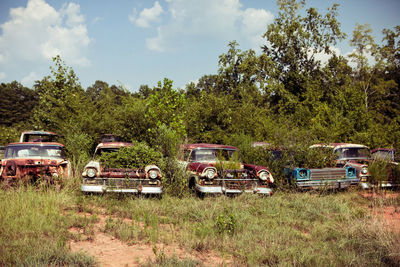 Cars parked in field