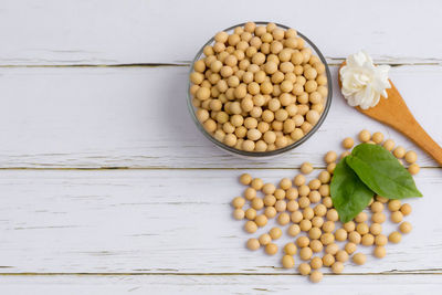 High angle view of eggs in bowl on table