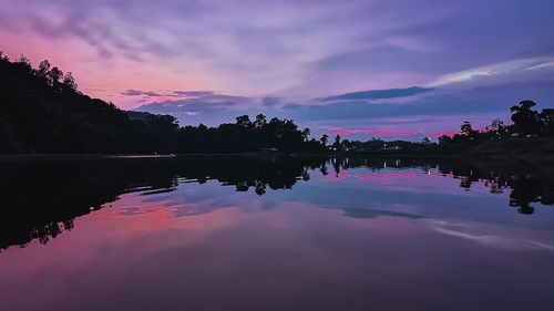 Scenic view of lake against sky at sunset