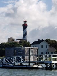 Lighthouse by building against sky