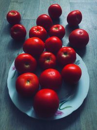 High angle view of cherry tomatoes on table