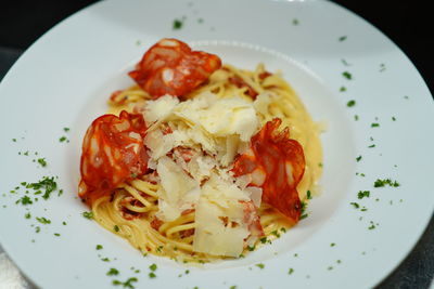 High angle view of pasta in plate