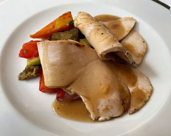 High angle view of serving food in plate