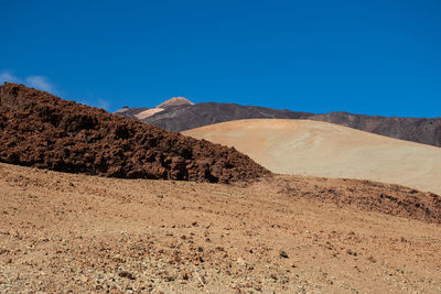 Scenic view of desert against clear blue sky