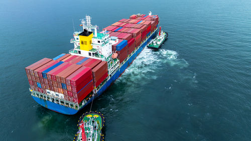 High angle view of ship in sea
