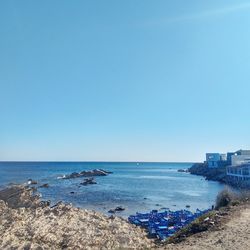 Scenic view of sea against clear blue sky