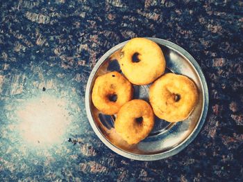 High angle view of fruits in bowl on table