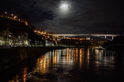 View of cityscape of porto , portugal and douro river at night seen from dom luis i bridge