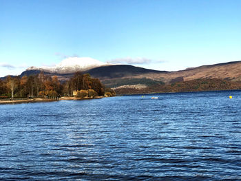 Scenic view of lake against blue sky