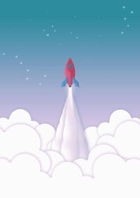 Digital composite image of balloons against blue sky