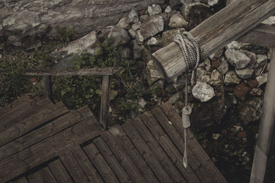 High angle view of logs stack