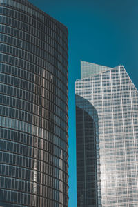 Low angle view of modern building against clear blue sky