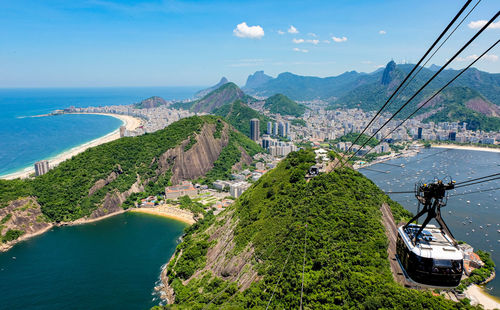 High angle view of sea and mountains against sky