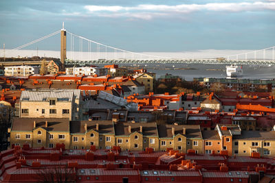 High angle view of buildings in city