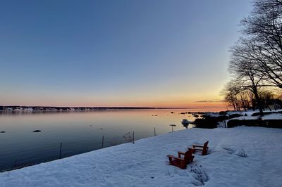 Scenic view of lake against sky during winter