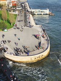 High angle view of people on boat in sea