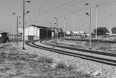 Train on railroad track against clear sky