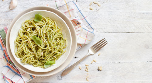 High angle view of pasta in bowl on table