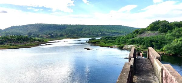 Scenic view of river amidst trees against sky