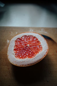 Close-up of strawberry slices in plate on table