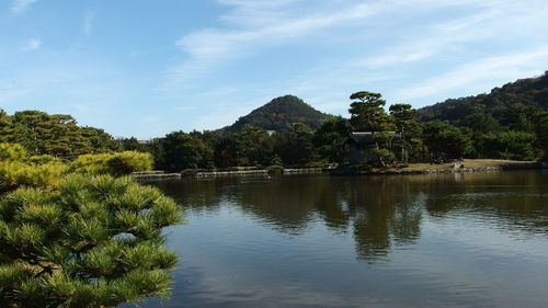 Reflection of trees in lake against cloudy sky