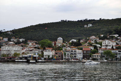 Town by sea against sky