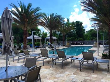 Empty chairs with palm trees in background