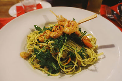 High angle view of spaghetti served in plate