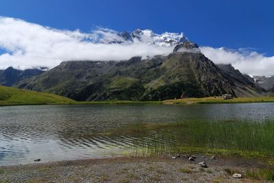 Scenic view of lake and mountains against sky