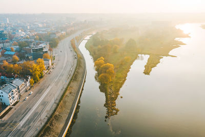 High angle view of road amidst buildings in city