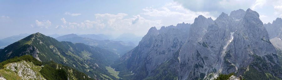 Scenic view of mountains against cloudy sky