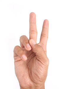 Close-up of human hand against white background