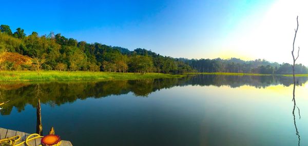 Scenic view of lake by trees against sky