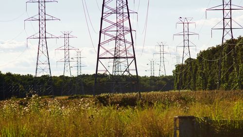 Electricity pylon on field