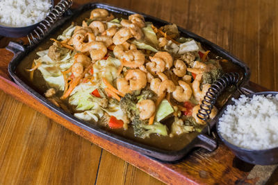 High angle view of food in bowl on table