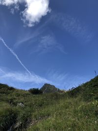 Low angle view of grassy field against sky