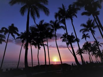 Silhouette palm trees on beach against sky during sunset
