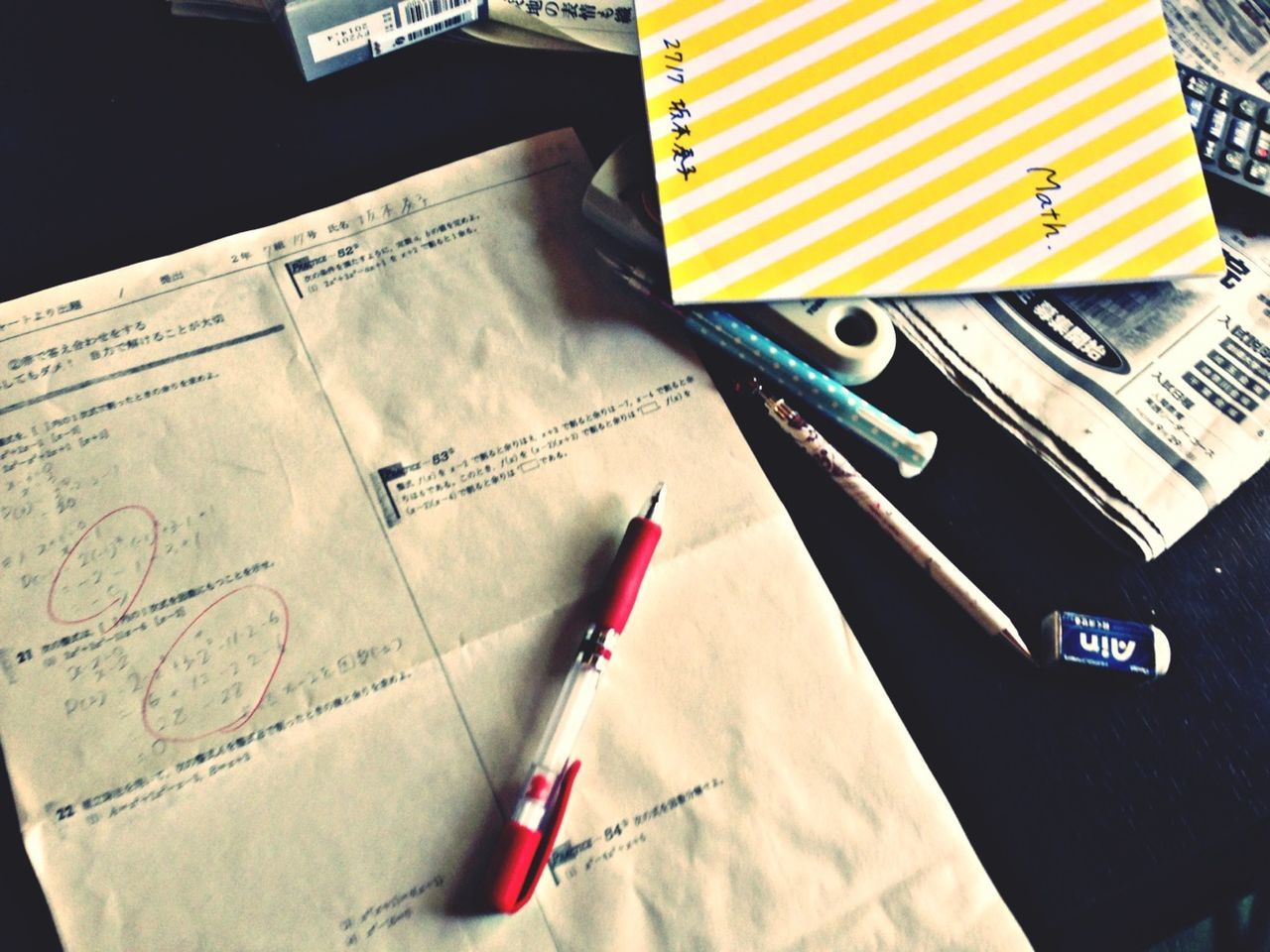 paper, indoors, book, still life, education, pencil, close-up, pen, text, variation, communication, art and craft, office supply, document, studio shot, western script, high angle view, creativity, writing instrument, table