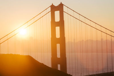 Suspension bridge against sky during sunset