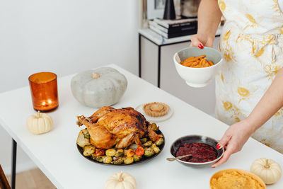 High angle view of food served on table