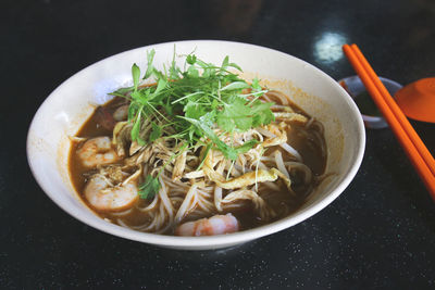 Close-up of soup served in bowl