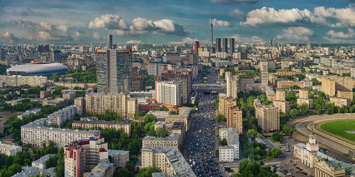 Aerial view of moscow buildings and traffic jam in spring