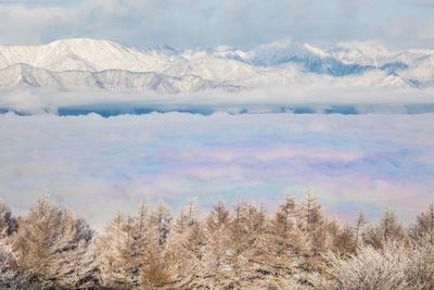 Scenic view of snow covered mountains against sky