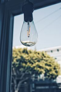 Low angle view of light bulbs hanging from glass
