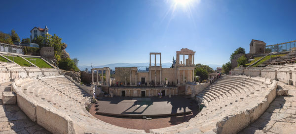 Panoramic view of buildings against sky on sunny day