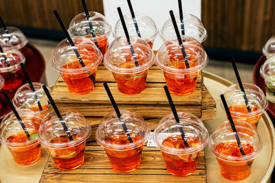 Close-up of wine glasses on table