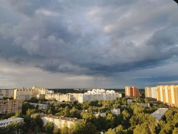 High angle view of buildings against sky